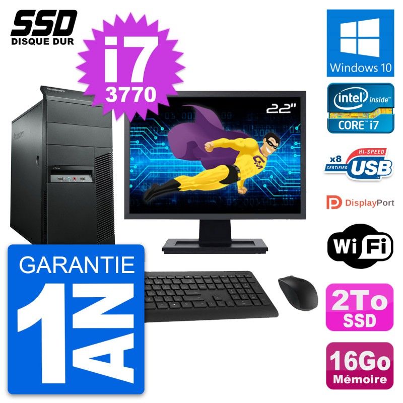 Lenovo M92p Mid Tower PC - 22" Screen, Intel i7-3770, 16GB RAM, 2TB SSD, Windows 10, Wifi