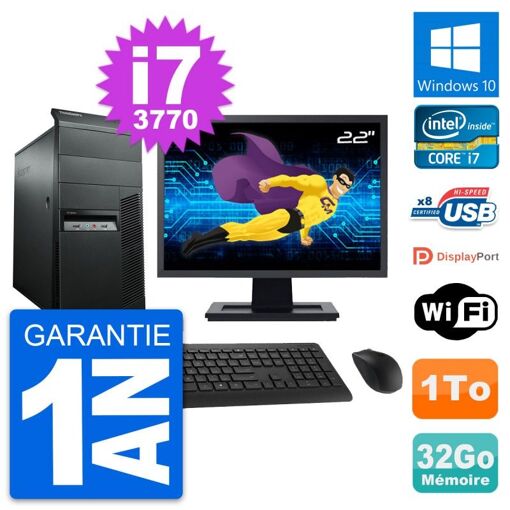 PC de sobremesa Lenovo M92p, Pantalla de 22', Intel i7-3770, 32GB de RAM, 1TB HDD, Windows 10, Wifi