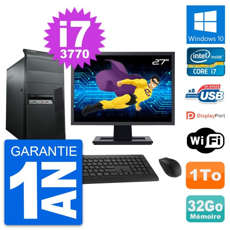 Lenovo M92p Desktop PC - 27" Screen, Intel i7-3770, 32GB RAM, 1TB HDD, Windows 10, WiFi