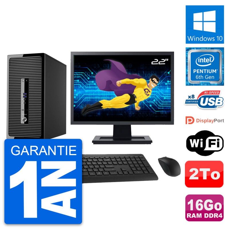 HP ProDesk 400 G3 MT Desktop Computer, 22" Screen, Pentium G4400, 16GB RAM, 2TB Hard Drive, Windows 10, WiFi