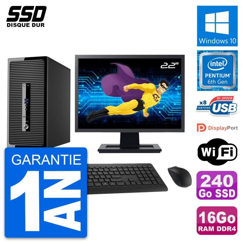 HP ProDesk 400 G3 MT - 22-inch Screen, Intel Pentium G4400, 16GB RAM, 240GB SSD, Windows 10, WiFi