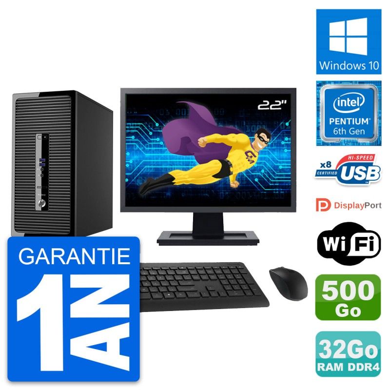 HP ProDesk 400 G3 MT Desktop Computer - 22" Screen, Intel Pentium G4400, 32GB RAM, 500GB Storage, Windows 10, WiFi
