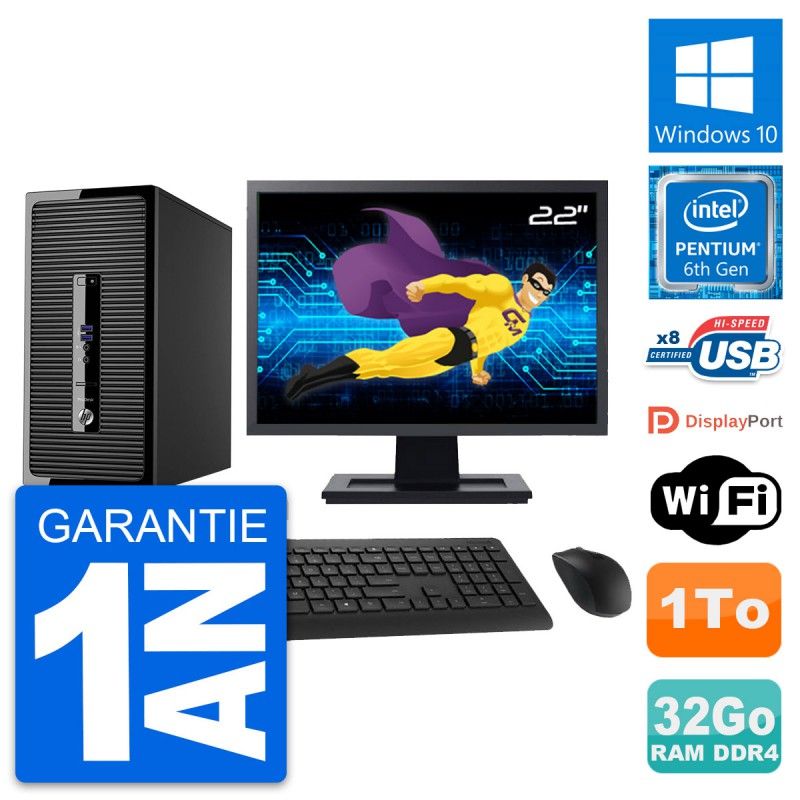 HP ProDesk 400 G3 MT Desktop Computer, 22" Screen, Pentium G4400, 32GB RAM, 1TB Storage, Windows 10, WiFi