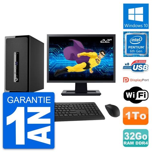 Computadora de escritorio HP ProDesk 400 G3 MT, Pantalla de 22', Procesador Intel Pentium Dual-Core G4400, 32 GB de RAM, 1 TB de almacenamiento, Windows 10, WiFi