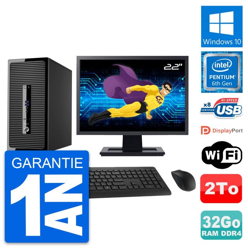 HP ProDesk 400 G3 MT Desktop PC - 22" Screen, Pentium G4400, 32GB RAM, 2TB HDD, Windows 10, WiFi