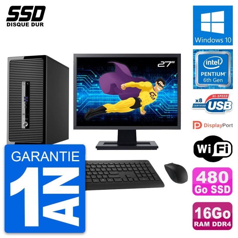 HP ProDesk 400 G3 MT Desktop Computer, 27" Screen, Pentium G4400, 16GB RAM, 480GB SSD, Windows 10, Wifi