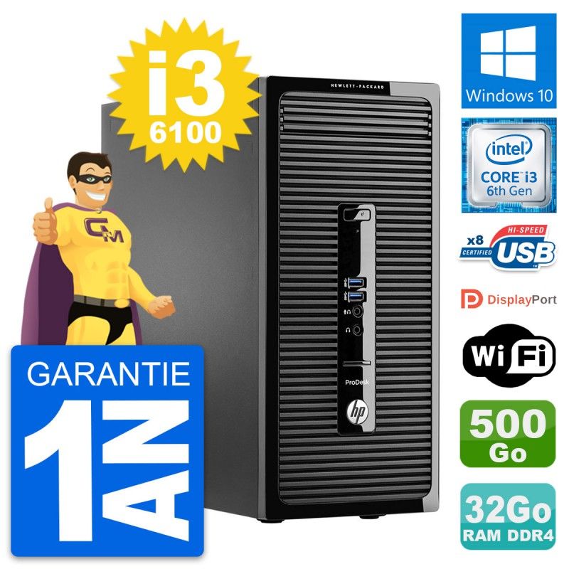 HP ProDesk 400 G3 MT Desktop PC - Intel i3-6100, 32GB RAM, 500GB Storage, Windows 10