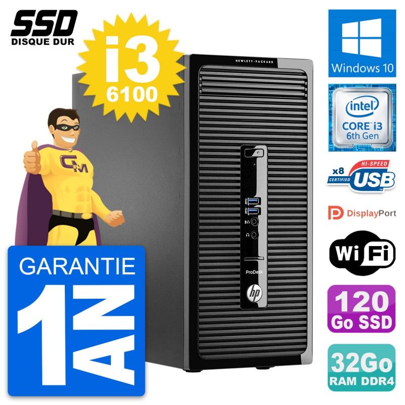 HP ProDesk 400 G3 MT - Intel Core i3-6100, 32GB RAM, 120GB SSD, Windows 10, WiFi