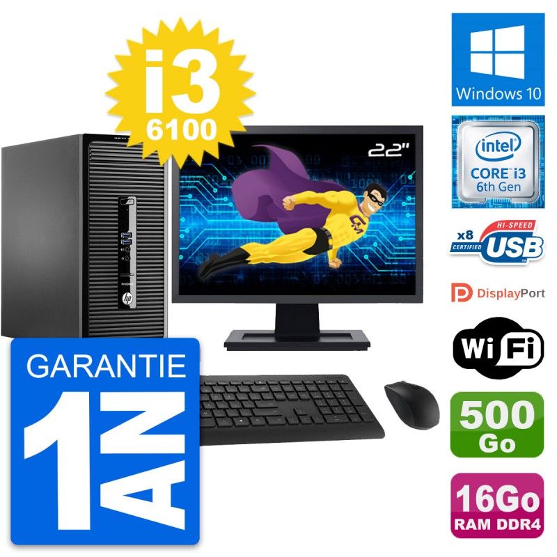 Ordinateur de bureau HP ProDesk 400 G3 MT, écran 22'', Intel Core i3-6100, 16 Go RAM, 500 Go SSD, Windows 10, WiFi