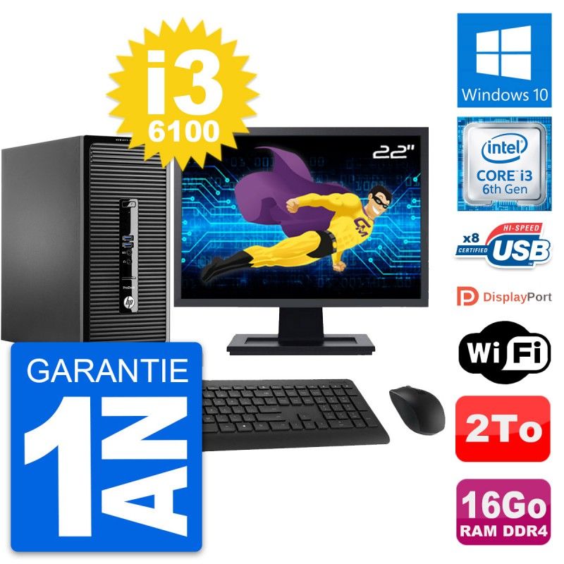 HP ProDesk 400 G3 MT Desktop PC - 22" Screen, Intel i3-6100, 16GB RAM, 2TB Storage, Windows 10, WiFi