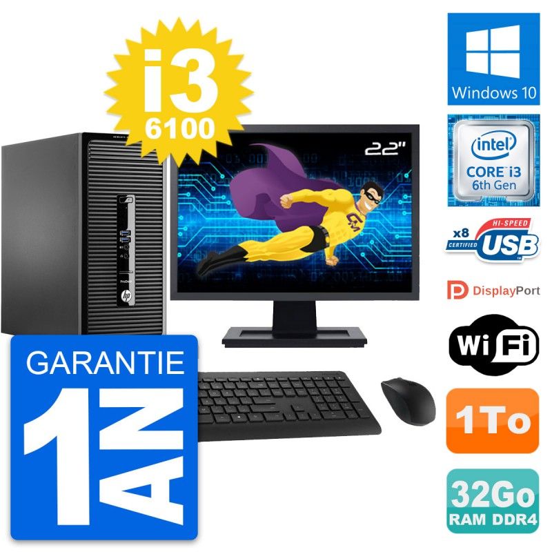 HP ProDesk 400 G3 MT Desktop PC - 22" Screen, Intel i3-6100, 32GB RAM, 1TB Storage, Windows 10, WiFi