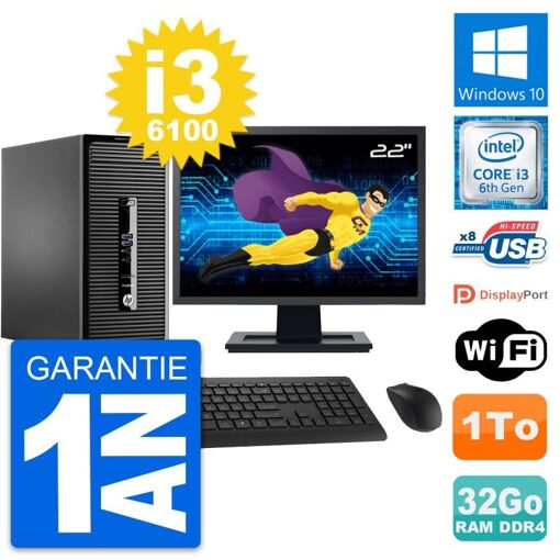 PC de sobremesa HP ProDesk 400 G3 MT - Pantalla de 22', Procesador Intel i3-6100, 32GB de RAM, 1TB de almacenamiento, Windows 10, WiFi
