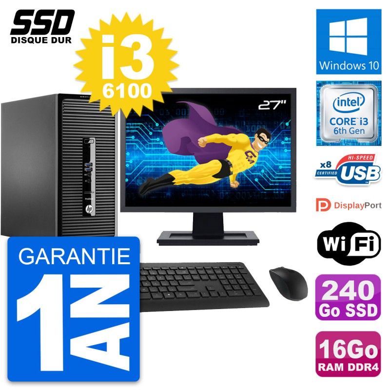 HP ProDesk 400 G3 MT Desktop PC, 27" Screen, Intel i3-6100, 16GB RAM, 240GB SSD, Windows 10, Wifi