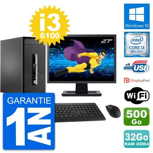 Computadora de escritorio HP ProDesk 400 G3 MT, Pantalla de 27', Intel Core i3-6100, 32GB de RAM, 500GB HDD, Windows 10, WiFi