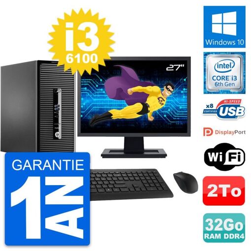 PC de escritorio HP ProDesk 400 G3 MT - Pantalla de 27'', Procesador Intel i3-6100, 32GB de RAM, 2TB de almacenamiento, Windows 10, WiFi