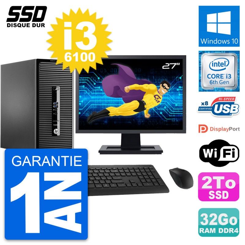 HP ProDesk 400 G3 MT Desktop Computer, 27" Screen, i3-6100, 32GB RAM, 2TB SSD, Windows 10, WiFi