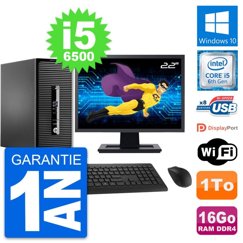 HP ProDesk 400 G3 MT Desktop Computer, 22" Screen, Intel i5-6500, 16GB RAM, 1TB Storage, Windows 10, WiFi