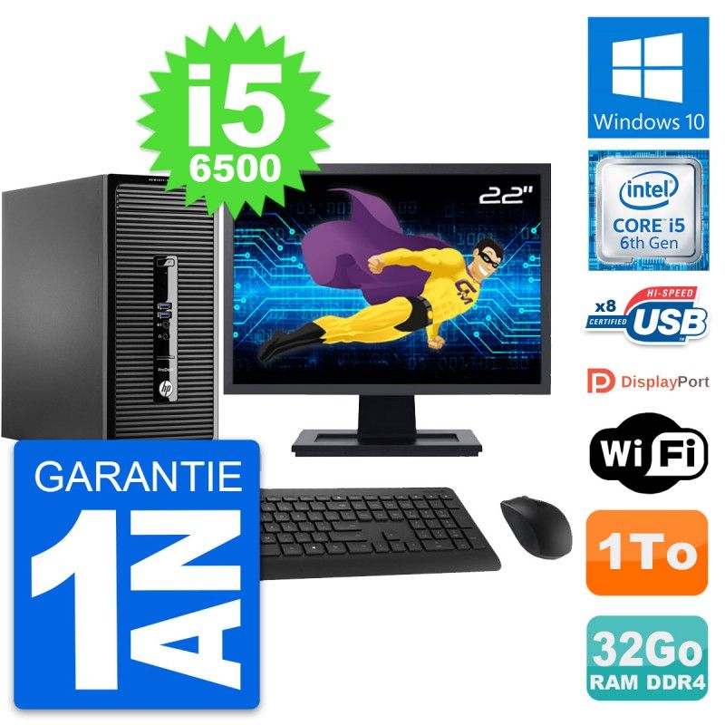 HP ProDesk 400 G3 MT Desktop PC - 22" Screen, Intel i5-6500, 32GB RAM, 1TB HDD, Windows 10, WiFi