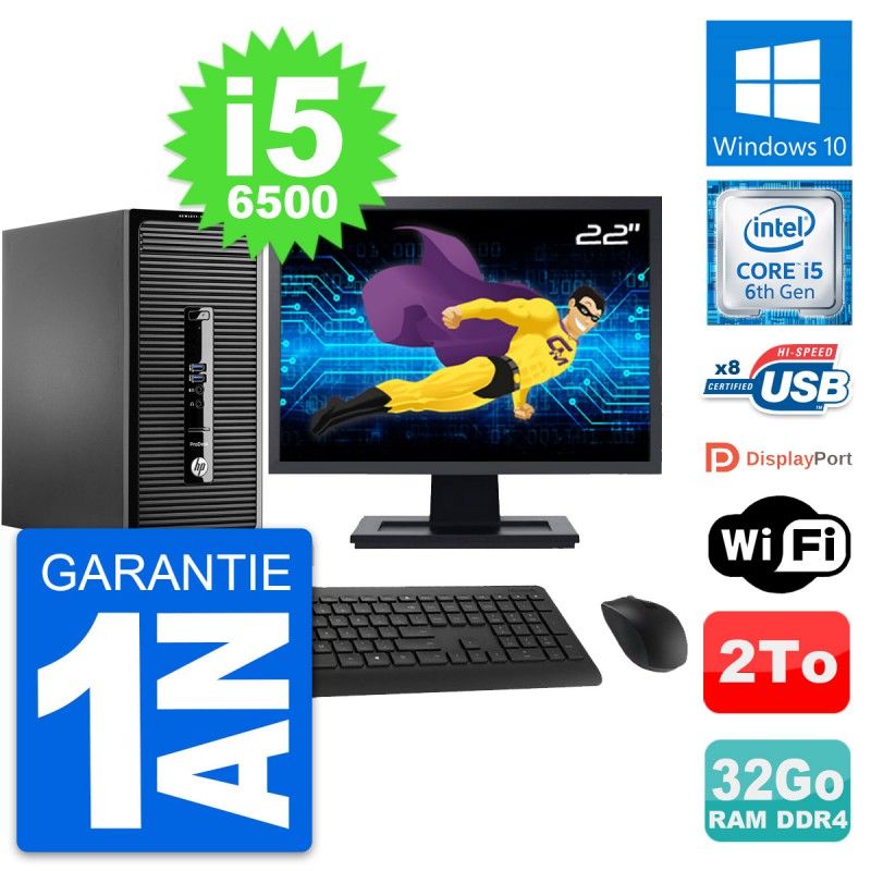 HP ProDesk 400 G3 MT Desktop PC - 22" Screen, Intel i5-6500, 32GB RAM, 2TB Storage, Windows 10, WiFi