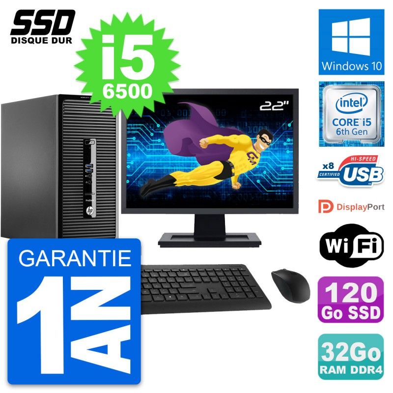 HP ProDesk 400 G3 MT Desktop Computer, 22" Screen, Intel i5-6500, 32GB RAM, 120GB SSD, Windows 10, WiFi