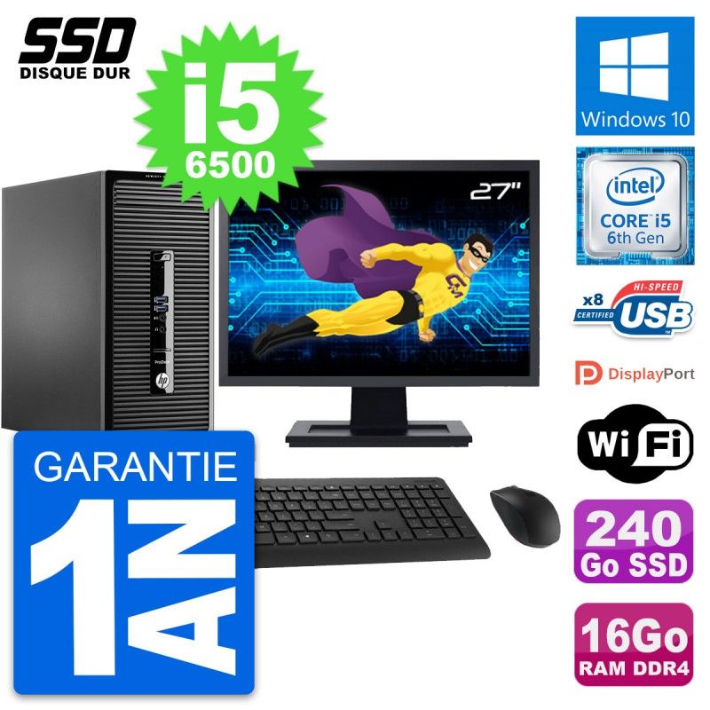 HP ProDesk 400 G3 MT Desktop PC - 27" Screen, Intel i5-6500, 16GB RAM, 240GB SSD, Windows 10, Wifi