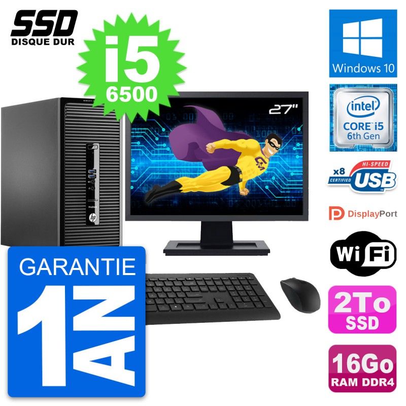 HP ProDesk 400 G3 MT Desktop PC - 27" Screen, i5-6500, 16GB RAM, 2TB SSD, Windows 10, WiFi