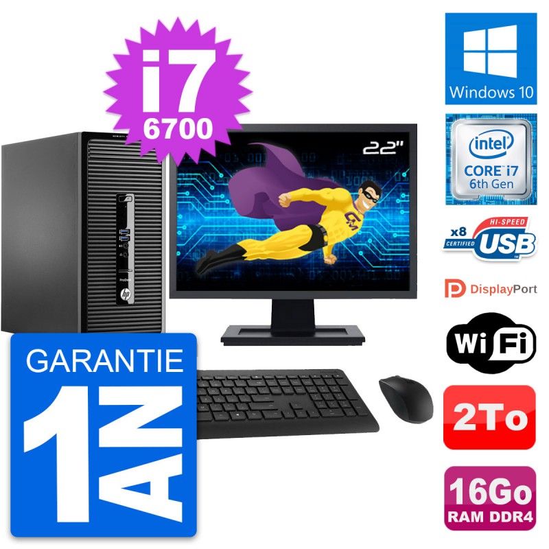 HP ProDesk 400 G3 MT Desktop Computer, 22" Screen, Intel i7-6700, 16GB RAM, 2TB HDD, Windows 10, WiFi