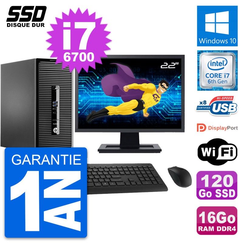 HP ProDesk 400 G3 MT Desktop PC, 22" Screen, Intel i7-6700, 16GB RAM, 120GB SSD, Windows 10, Wifi