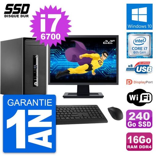PC de escritorio HP ProDesk 400 G3 MT - Pantalla de 22', Procesador Intel i7-6700, 16GB de RAM, 240GB SSD, Windows 10, WiFi
