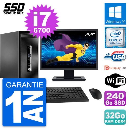 Computadora de escritorio HP ProDesk 400 G3 MT, Pantalla de 22'', Procesador Intel i7-6700, 32GB de RAM, 240GB SSD, Windows 10, WiFi