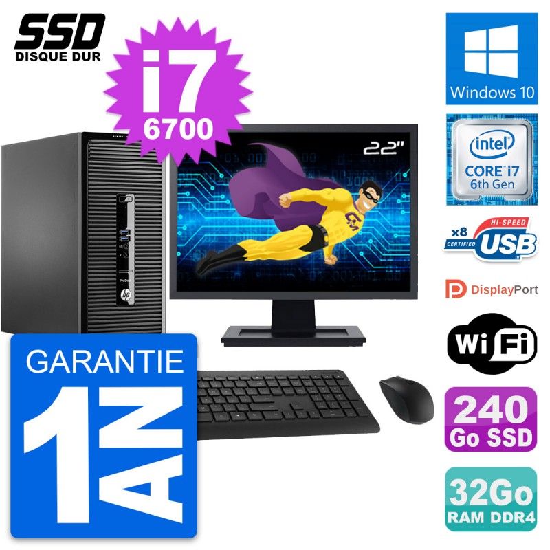 HP ProDesk 400 G3 MT Desktop Computer, 22" Screen, Intel i7-6700, 32GB RAM, 240GB SSD, Windows 10, WiFi