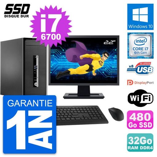 PC de escritorio HP ProDesk 400 G3 MT - Pantalla de 22', Intel i7-6700, 32GB de RAM, 480GB SSD, Windows 10, WiFi