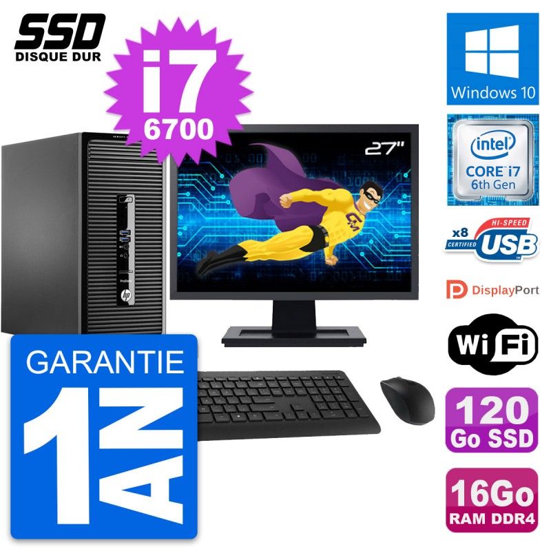 HP ProDesk 400 G3 MT Desktop PC - 27" Screen, Intel i7-6700, 16GB RAM, 120GB SSD, Windows 10, WiFi