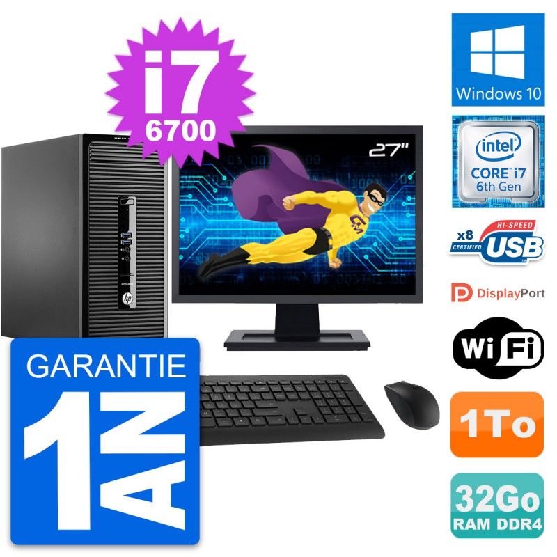 HP ProDesk 400 G3 MT Desktop Computer, 27" Screen, Intel i7-6700, 32GB RAM, 1TB Storage, Windows 10, WiFi
