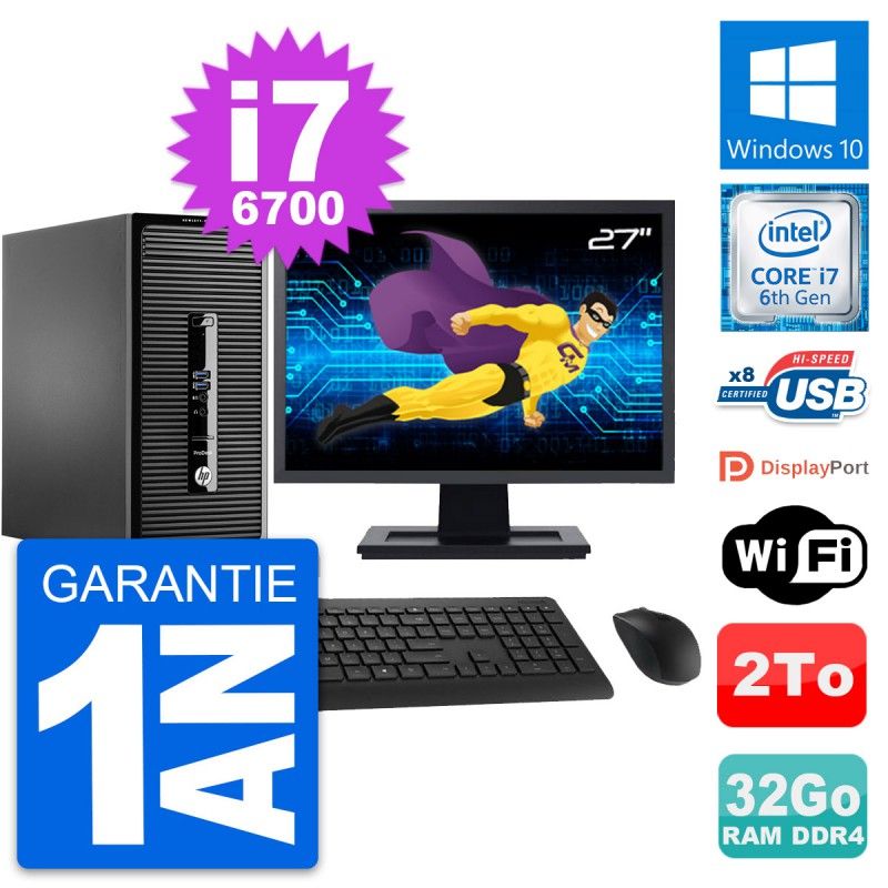 HP ProDesk 400 G3 MT Desktop Computer, 27" Screen, Intel i7-6700, 32GB RAM, 2TB Storage, Windows 10