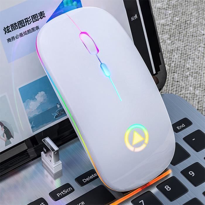KKMOL 2.4GHz Wireless Optical Mouse with USB RGB Backlit Rechargeable for Laptop PC - White