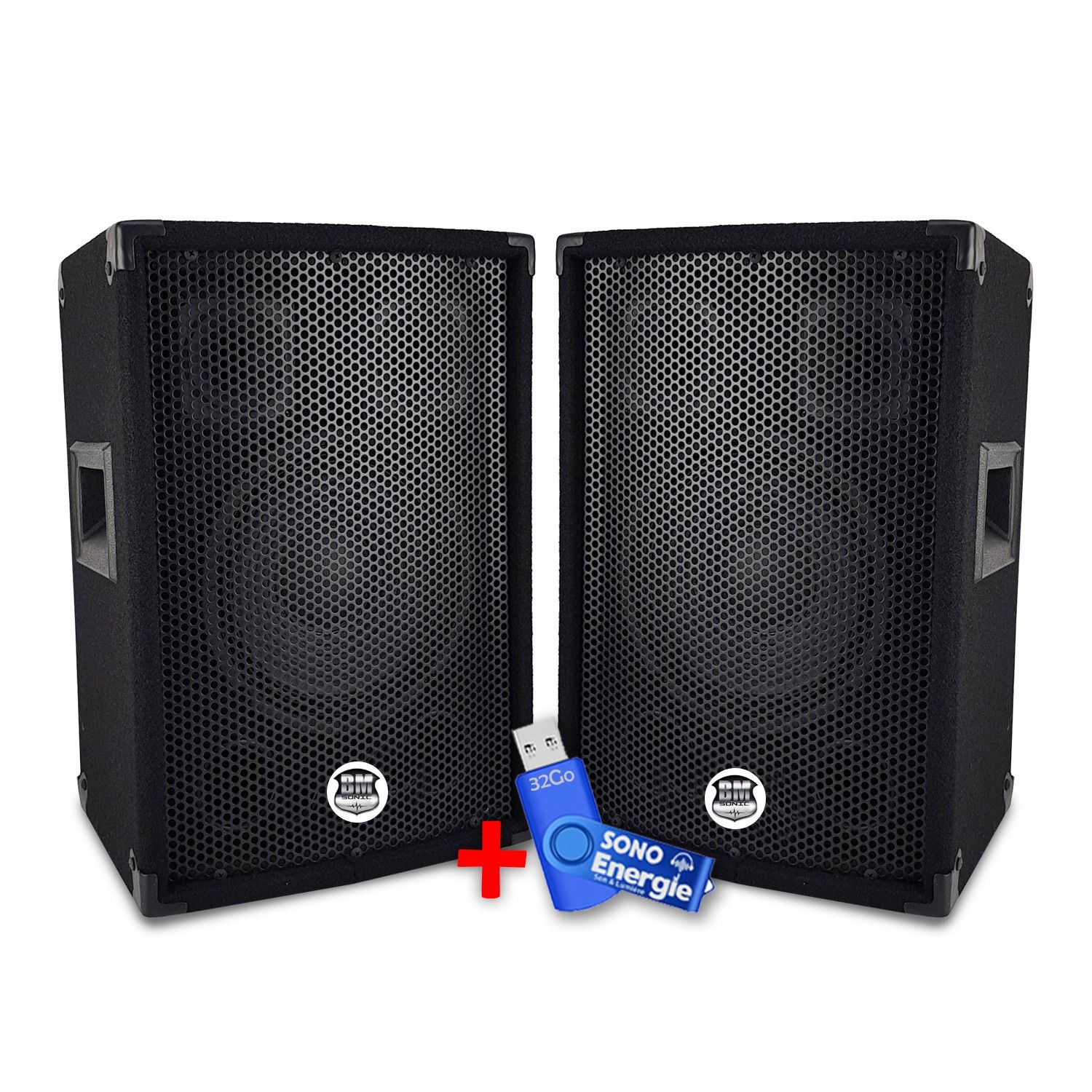 BM Sonic BMS-08 8" Trapzoidal 3-Way Bass Reflex Speakers - 2 x 300W with USB Key 32G
