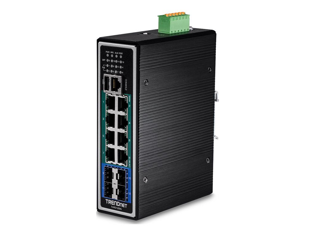 Trendnet TI-PG1284I - Managed Switch - C2+ - 8 x 10/100/1000 PoE+ + 4 x Gigabit SFP - DIN Rail Mount - 240W PoE+ - TAA Compliant