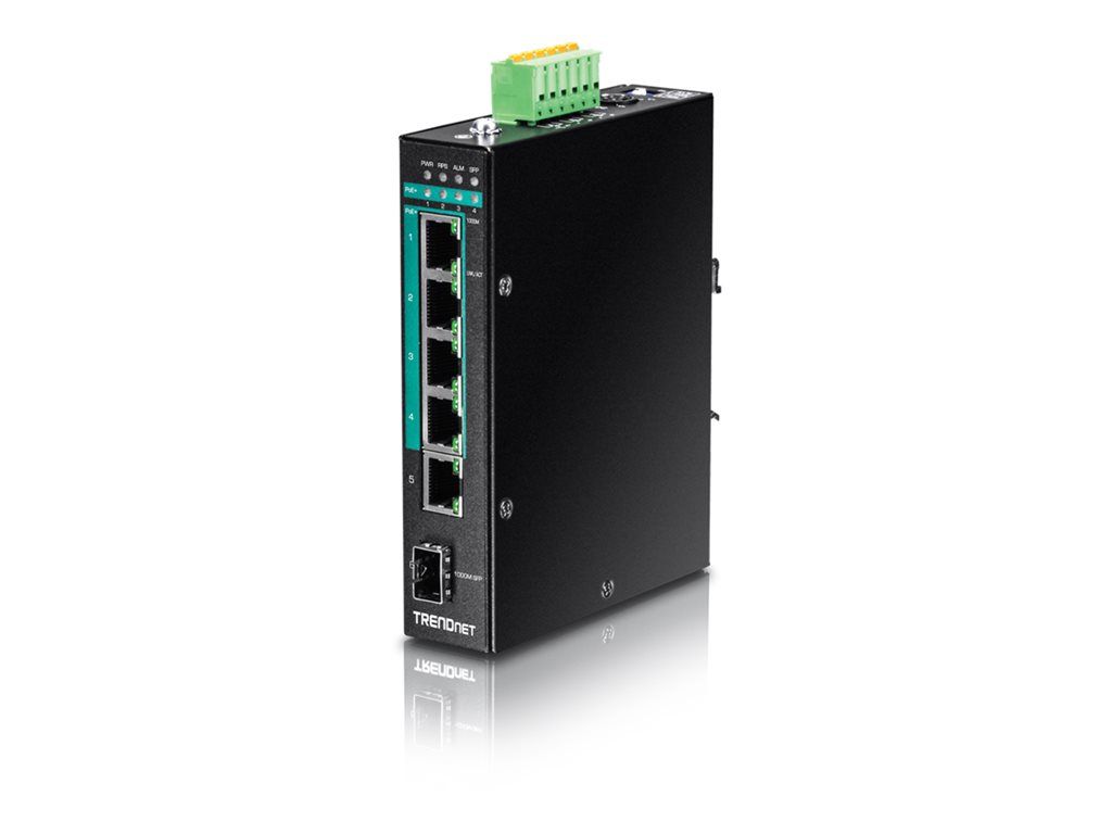 Trendnet TI-PG541I - Managed Switch - 4 x PoE+ 10/100/1000 + 1 x 10/100/1000 + 1 x Gigabit SFP - DIN Rail Mount - PoE+ (120W) - TAA Compliant