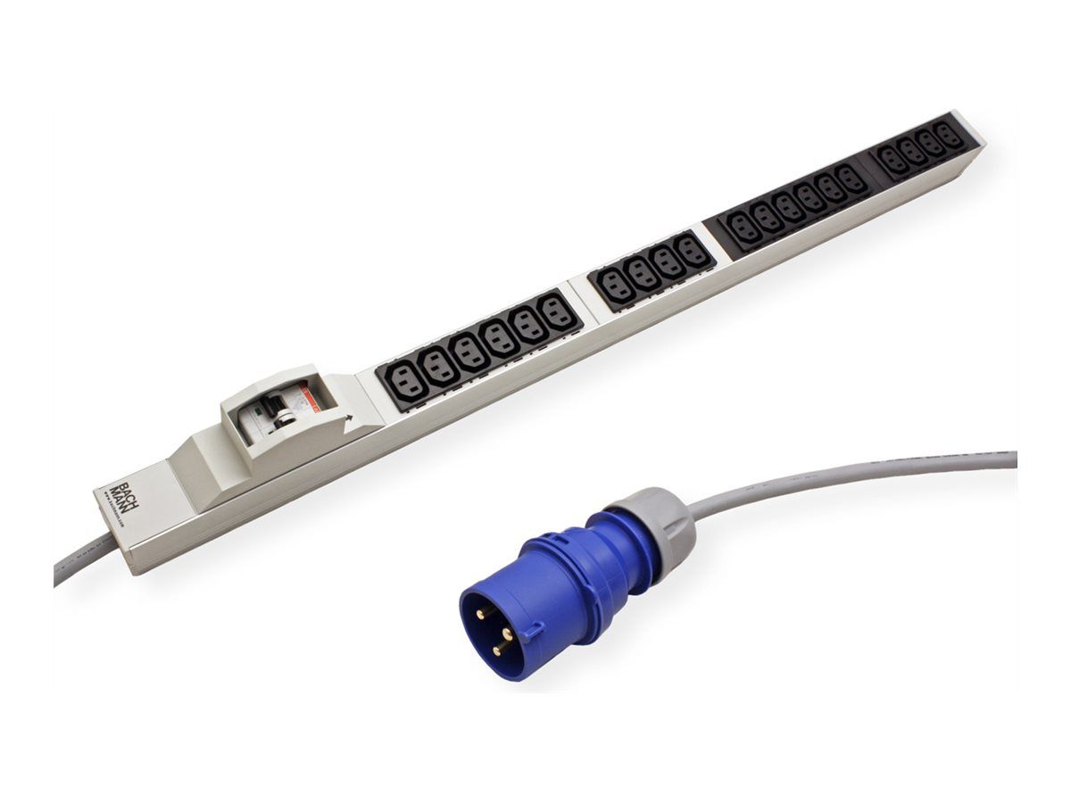 Bachmann Circuit Breaker (Rack-Mountable) - 250V AC - 3680W - Tripolar Input - 20 Output Connectors (IEC 60320 C13) - 1U - 3m Cord - Grey, Black