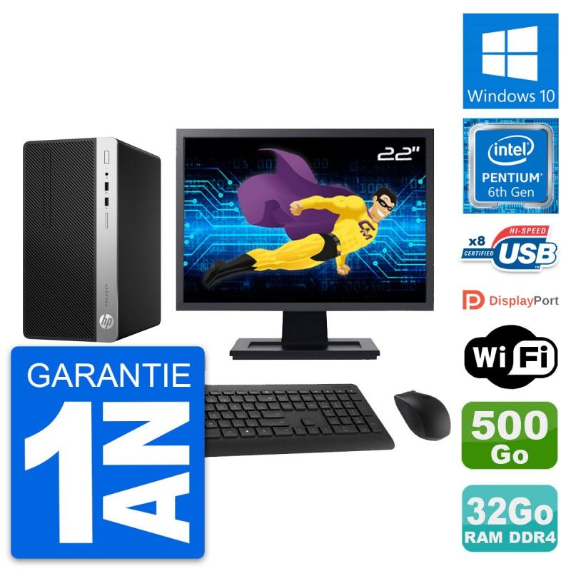 HP ProDesk 400 G4 MT Desktop PC - 22" Screen, Intel Pentium G4400, 32GB RAM, 500GB Storage, Windows 10, WiFi