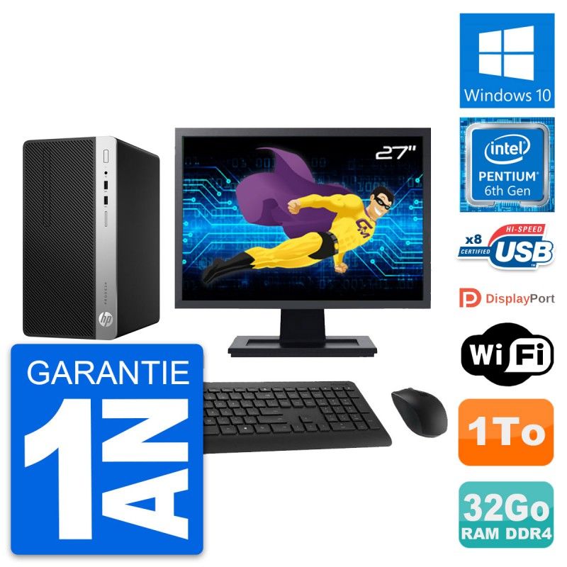 HP ProDesk 400 G4 MT Desktop PC - 27" Screen, Pentium G4400, 32GB RAM, 1TB HDD, Windows 10, WiFi