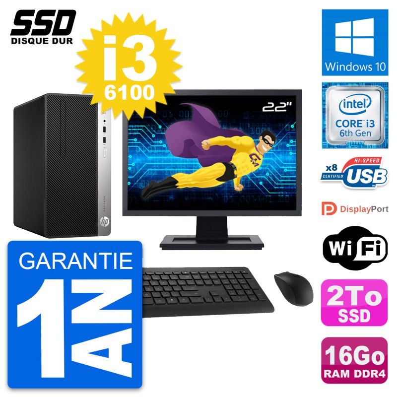 HP ProDesk 400 G4 MT Desktop PC - 22" Screen, i3-6100, 16GB RAM, 2TB SSD, Windows 10, Wifi