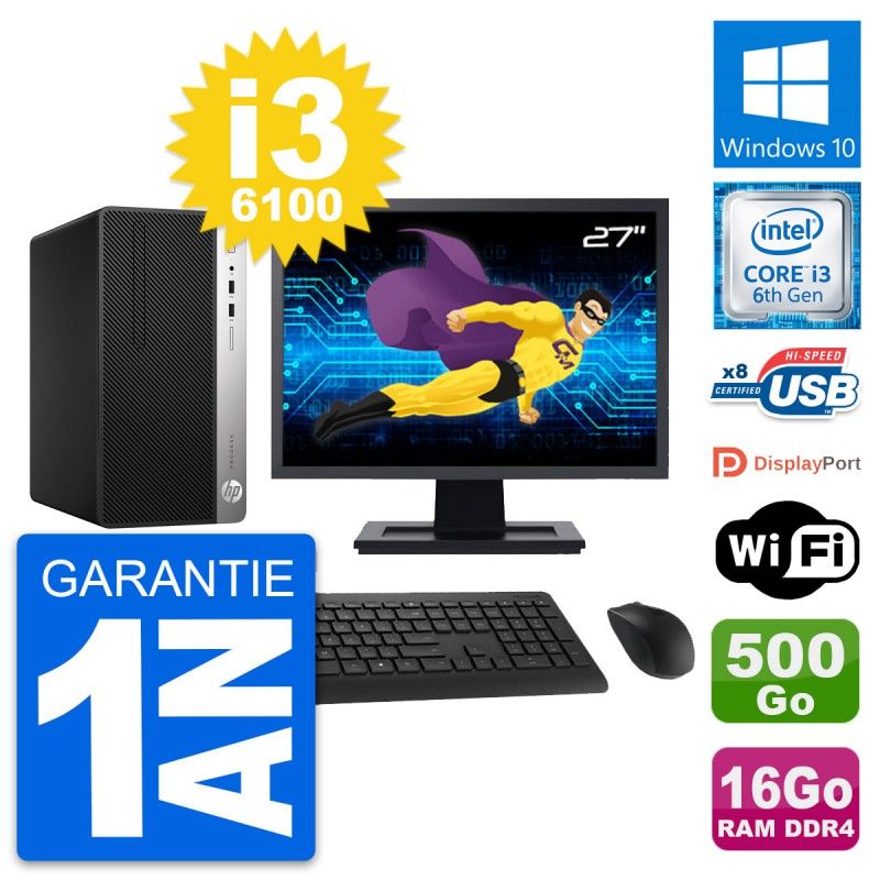HP ProDesk 400 G4 MT Desktop PC - 27" Display, i3-6100, 16GB RAM, 500GB HDD, Windows 10, WiFi