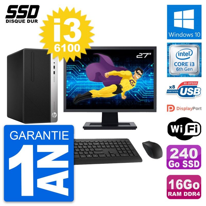 HP ProDesk 400 G4 MT Desktop Computer, 27" Screen, Intel i3-6100, 16GB RAM, 240GB SSD, Windows 10, WiFi