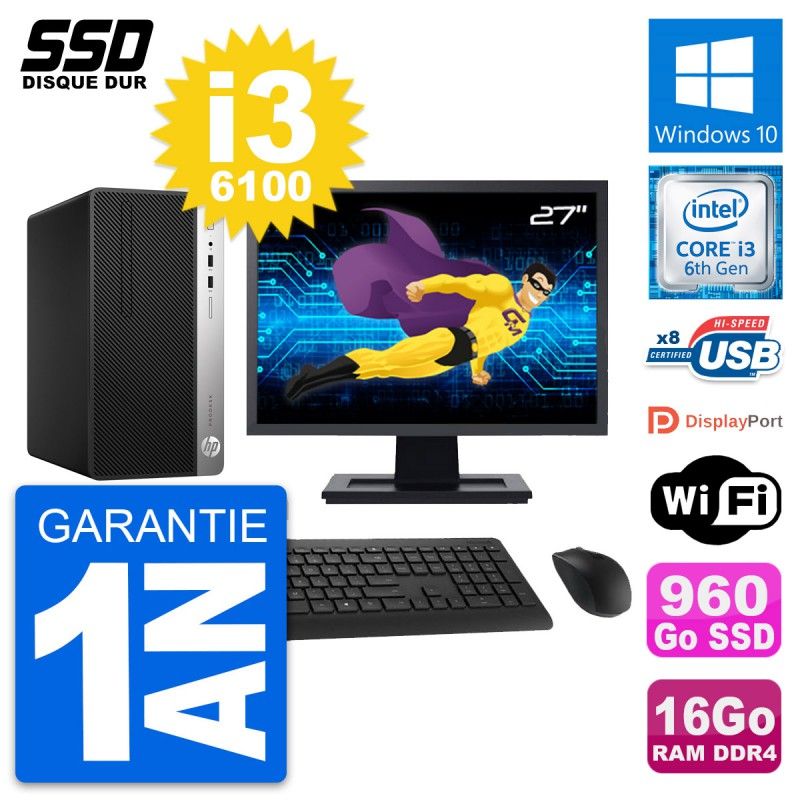 HP ProDesk 400 G4 MT Desktop Computer, 27" Screen, Intel i3-6100, 16GB RAM, 960GB SSD, Windows 10, WiFi