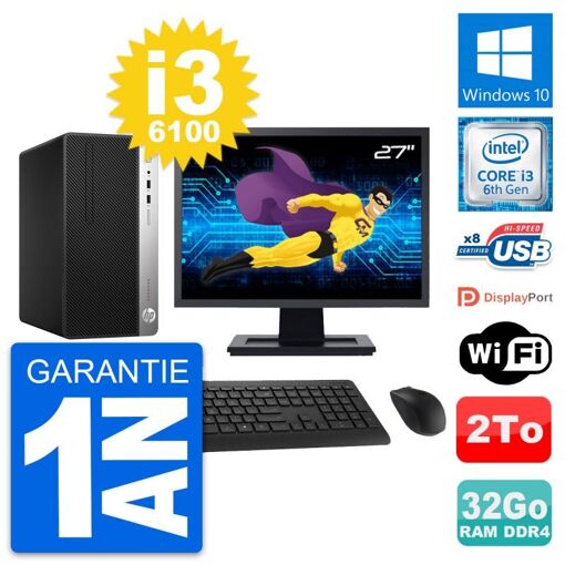 Computadora de escritorio HP ProDesk 400 G4 MT, Pantalla de 27'', Procesador Intel i3-6100, 32GB de RAM, 2TB de almacenamiento, Windows 10, WiFi