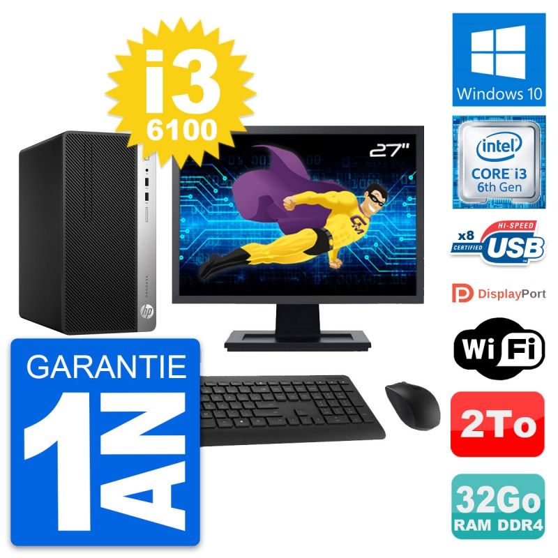 HP ProDesk 400 G4 MT Desktop Computer, 27" Screen, Intel i3-6100, 32GB RAM, 2TB Storage, Windows 10, WiFi