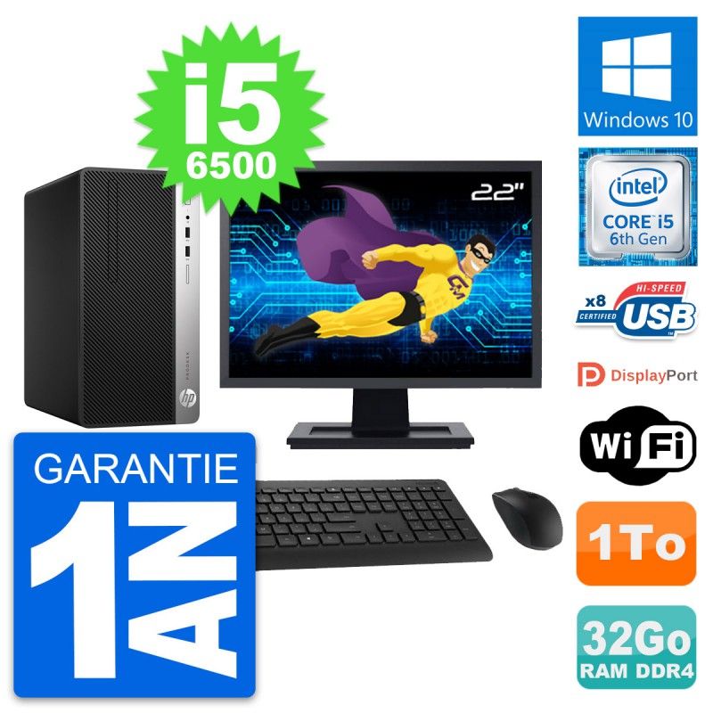 HP ProDesk 400 G4 MT Desktop Computer, 22" Screen, Intel i5-6500, 32GB RAM, 1TB HDD, Windows 10