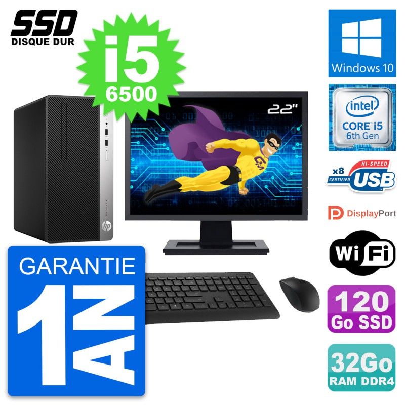 HP ProDesk 400 G4 MT Desktop PC - 22" Screen, Intel i5-6500, 32GB RAM, 120GB SSD, Windows 10, Wifi